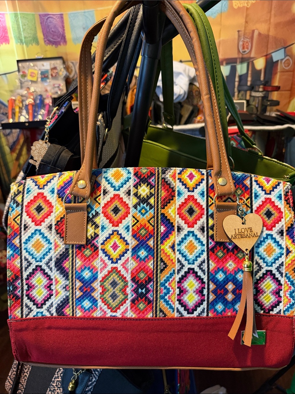 Artisanal Multicolor Woven Tote with Red Base and Tan Handles